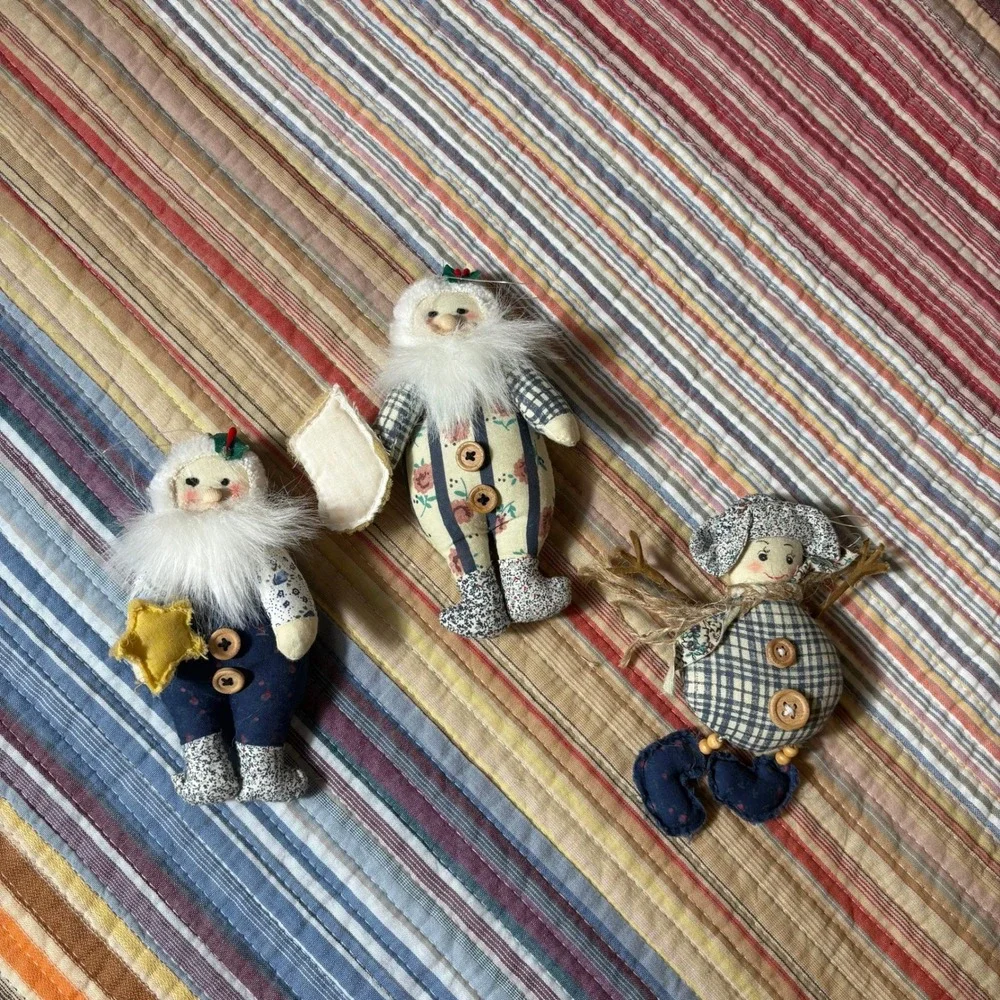 Vintage Primitive Christmas Ornaments Set of 3 Handmade Fabric Santas Folk Art